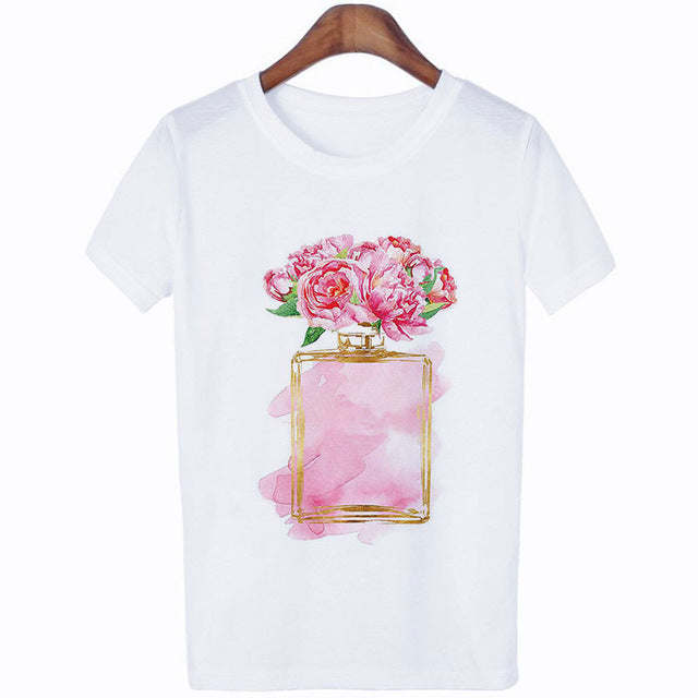 Women Clothes Summer Short Sleeve Fashion Perfume Flower Woman Female T-shirt Leisure Vogue Thin Section Printed Tshirt Top