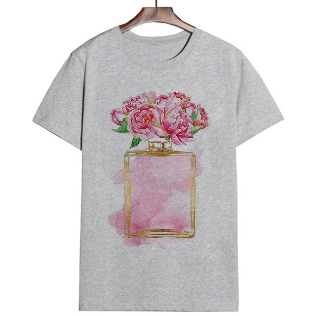 Women Clothes Summer Short Sleeve Fashion Perfume Flower Woman Female T-shirt Leisure Vogue Thin Section Printed Tshirt Top