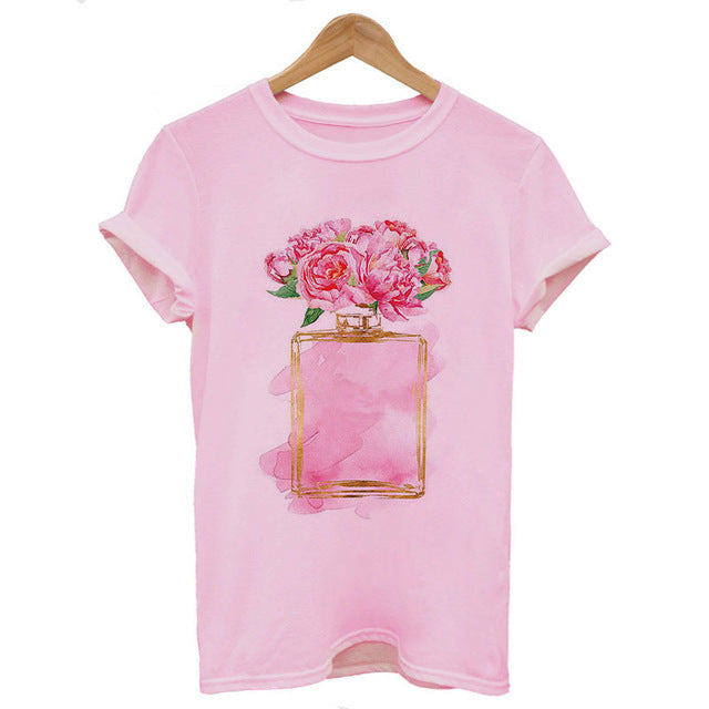 Women Clothes Summer Short Sleeve Fashion Perfume Flower Woman Female T-shirt Leisure Vogue Thin Section Printed Tshirt Top
