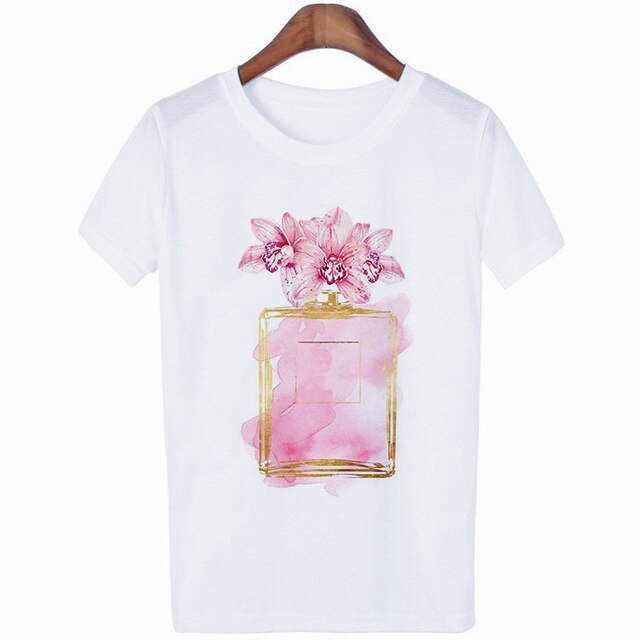 Women Clothes Summer Short Sleeve Fashion Perfume Flower Woman Female T-shirt Leisure Vogue Thin Section Printed Tshirt Top