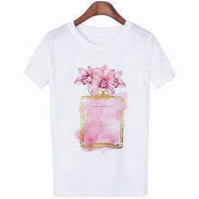 Load image into Gallery viewer, Women Clothes Summer Short Sleeve Fashion Perfume Flower Woman Female T-shirt Leisure Vogue Thin Section Printed Tshirt Top