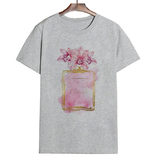 Women Clothes Summer Short Sleeve Fashion Perfume Flower Woman Female T-shirt Leisure Vogue Thin Section Printed Tshirt Top