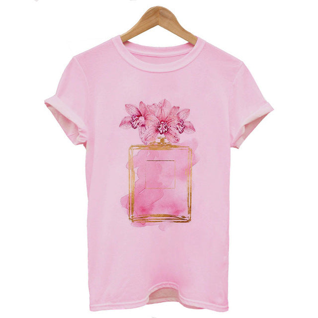 Women Clothes Summer Short Sleeve Fashion Perfume Flower Woman Female T-shirt Leisure Vogue Thin Section Printed Tshirt Top