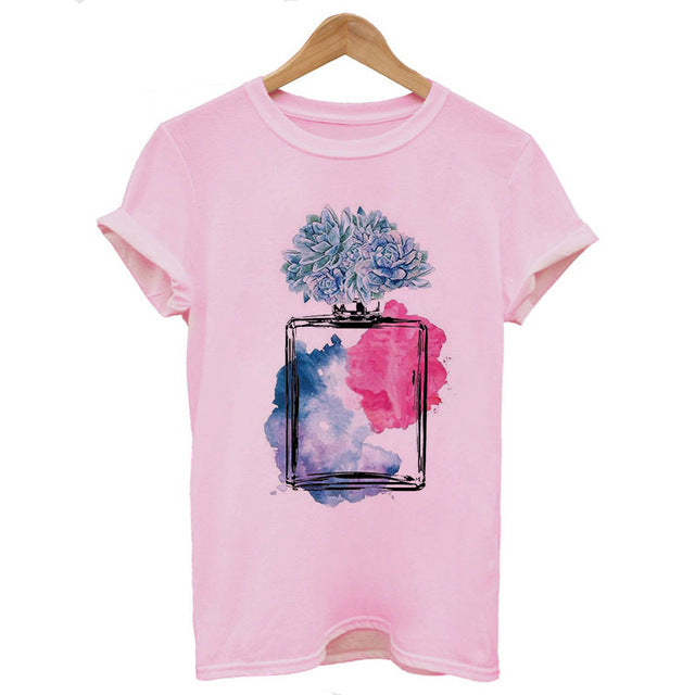 Women Clothes Summer Short Sleeve Fashion Perfume Flower Woman Female T-shirt Leisure Vogue Thin Section Printed Tshirt Top