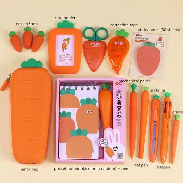 Creative Carrot Series Silicone Soft Pencil Case Pen-holder Organizer Bag Stationery Set Kids Birthday Gift