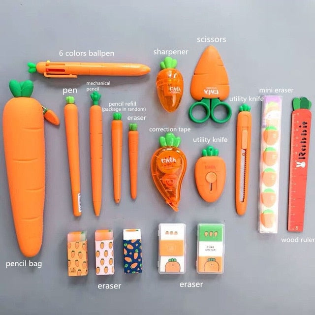 Creative Carrot Series Silicone Soft Pencil Case Pen-holder Organizer Bag Stationery Set Kids Birthday Gift
