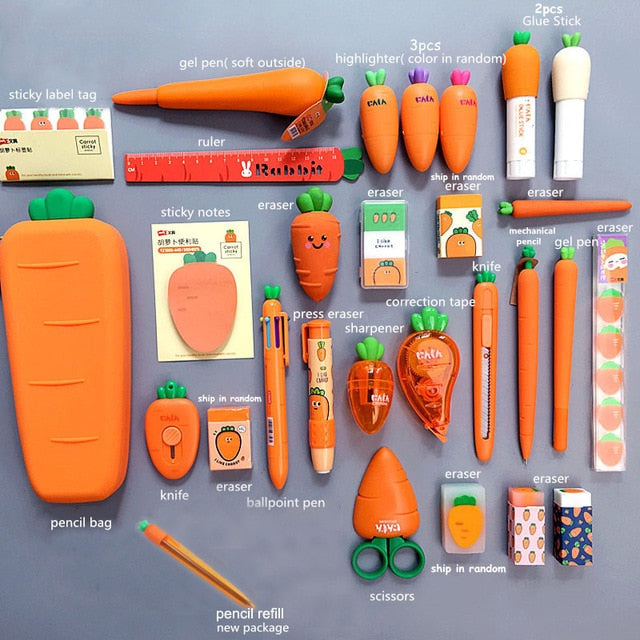 Creative Carrot Series Silicone Soft Pencil Case Pen-holder Organizer Bag Stationery Set Kids Birthday Gift