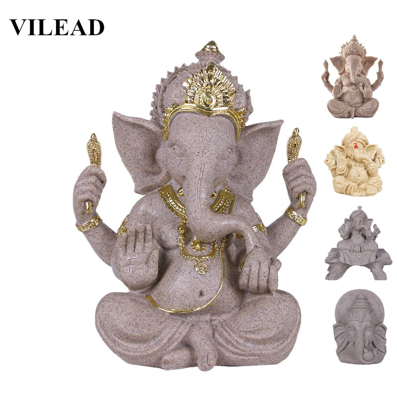 Sandstone Indian Ganesha Elephant God Statue Religious Hindu Elephant-Headed Fengshui Buddha Sculpture Home Decor Crafts