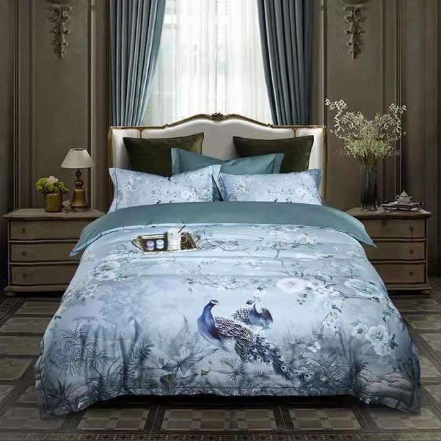 100% Egyptian Cotton US size Bedding Queen King size 4Pcs Birds and Flowers Leaf Gray Shabby Duvet Cover Bed Sheet Pillow Shams 5-Styles