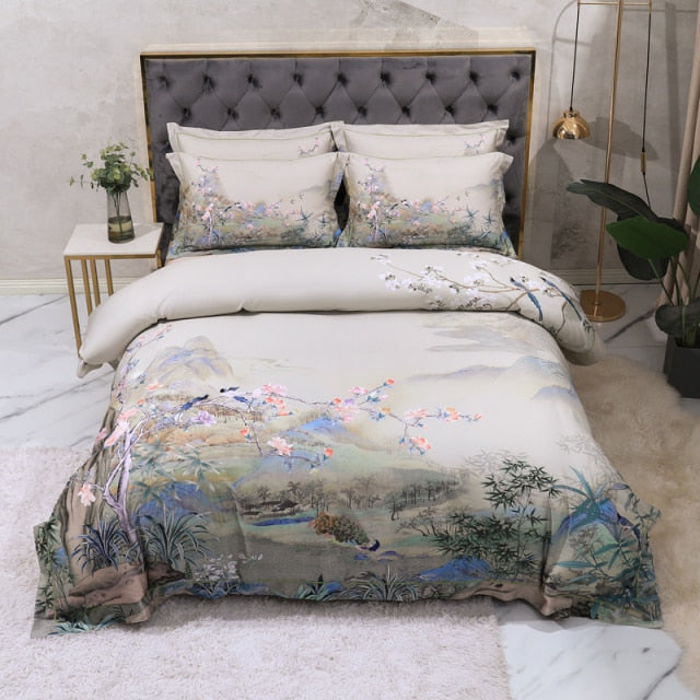 100% Egyptian Cotton US size Bedding Queen King size 4Pcs Birds and Flowers Leaf Gray Shabby Duvet Cover Bed Sheet Pillow Shams 5-Styles