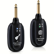 Load image into Gallery viewer, 2-Mode A8 Wireless Guitar System with Built-in Rechargeable Lithium Battery, Audio Wireless Transmitter and Receiver for Acoustic Guitar, Bass, Violin, Keyboard, Electric Instruments - Black
