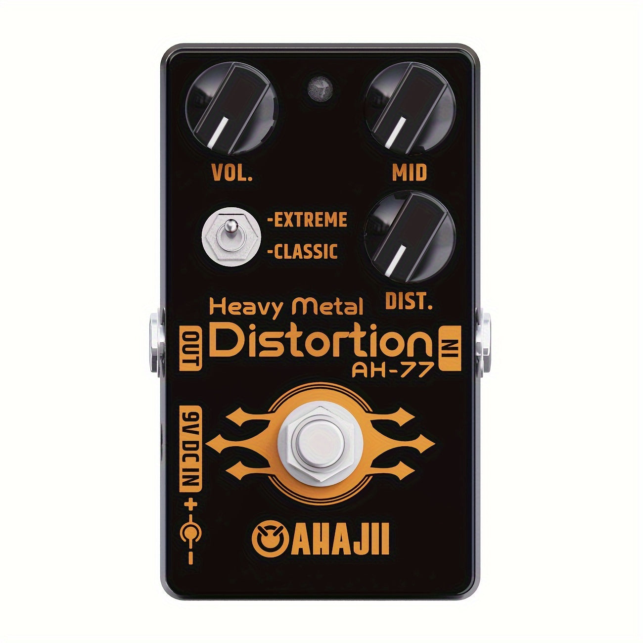 AHAIJI AH-77u High-Gain Distortion Pedal - Heavy Metal Guitar Effects, Black Aluminum Alloy, True Bypass, 3 Control Knobs (Volume, Distortion, Mid), 2-Way Extreme/Classic Selector for Switch, LED Indicator, for High-Quality S