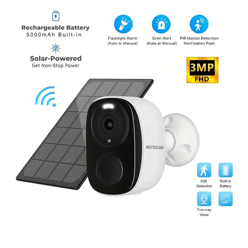 Security Camera Wireless Outdoor, 3MP Night Vision with Spotlight, Wire-Free Battery Solar Powered, Human Detection, with Solar Panel, PIR Human Detection, 2-Way Talk, IP65 Waterproof, SD Card/Cloud Storage, Security Cameras