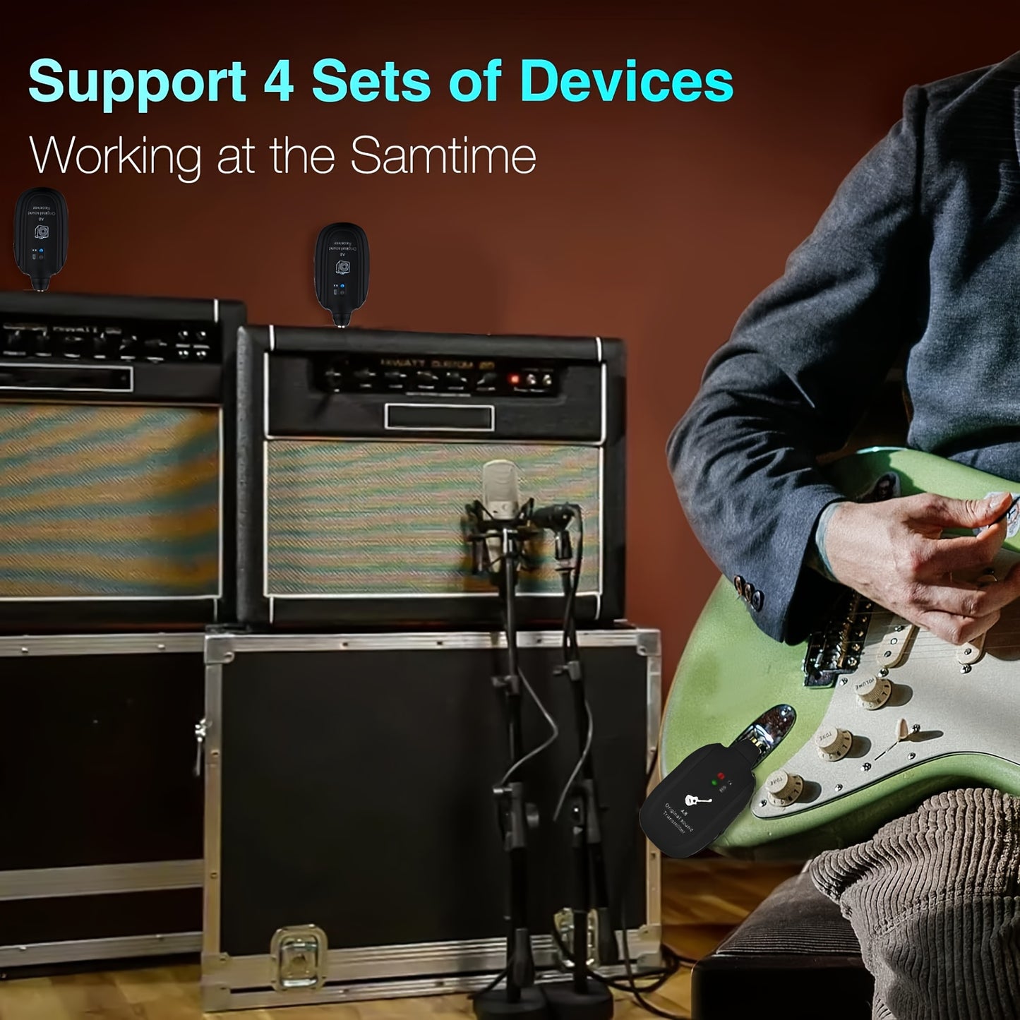 2-Mode A8 Wireless Guitar System with Built-in Rechargeable Lithium Battery, Audio Wireless Transmitter and Receiver for Acoustic Guitar, Bass, Violin, Keyboard, Electric Instruments - Black