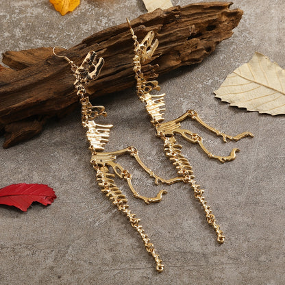 Unique Dinosaur Skeleton Drop Earrings - Vintage-Inspired, Golden Ancient Silver Color, Creative Design, Dangle Earrings for Women, Statement Jewelry, Fashion Accessories