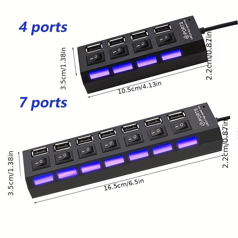 7/4 Ports LED USB 2.0 Adapter Hub with Power on/Off Switch for Laptop PC Computer, 5V Operating Voltage