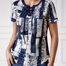 Load image into Gallery viewer, Vibrant Graphic Lace Up V Neck T-shirt - Short Sleeve, Adjustable Closure, Flattering Neckline, Perfect for Casual Summer Wear - Womens Clothing, Graphic Print Design, Ideal for Warm Weather
