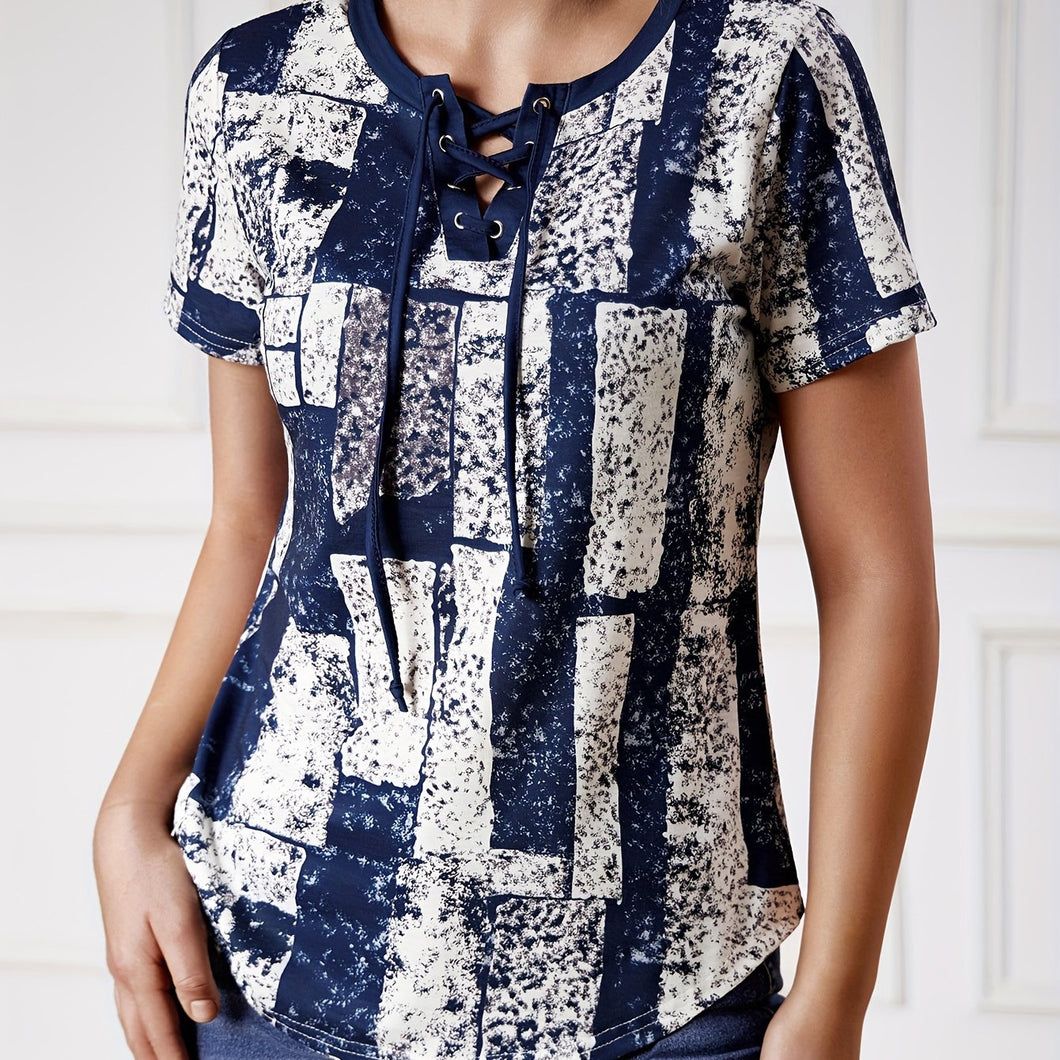 Vibrant Graphic Lace Up V Neck T-shirt - Short Sleeve, Adjustable Closure, Flattering Neckline, Perfect for Casual Summer Wear - Womens Clothing, Graphic Print Design, Ideal for Warm Weather