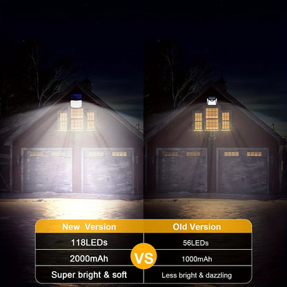 118 LED Solar Motion Sensor Floodlight with Remote Control - Outdoor Security Lighting for Patio, Garage, Porch, Yard - 16.5ft Cable,, 1800mAh Battery, Wall-Mounted Design, Yard Floodlight | Sleek Rectangular Design | LED Arr