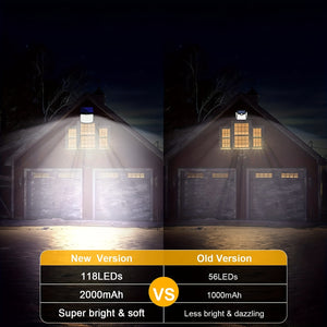 118 LED Solar Motion Sensor Floodlight with Remote Control - Outdoor Security Lighting for Patio, Garage, Porch, Yard - 16.5ft Cable,, 1800mAh Battery, Wall-Mounted Design, Yard Floodlight | Sleek Rectangular Design | LED Arr