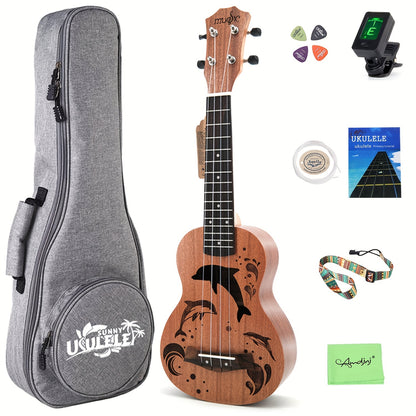 Amdini 21 inch Soprano Ukulele Sapele Small Hawaiian Guitar Set with Case Strap Tuner Picks Nylon Strings Primary Tutorial