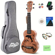 Load image into Gallery viewer, Amdini 21 inch Soprano Ukulele Sapele Small Hawaiian Guitar Set with Case Strap Tuner Picks Nylon Strings Primary Tutorial
