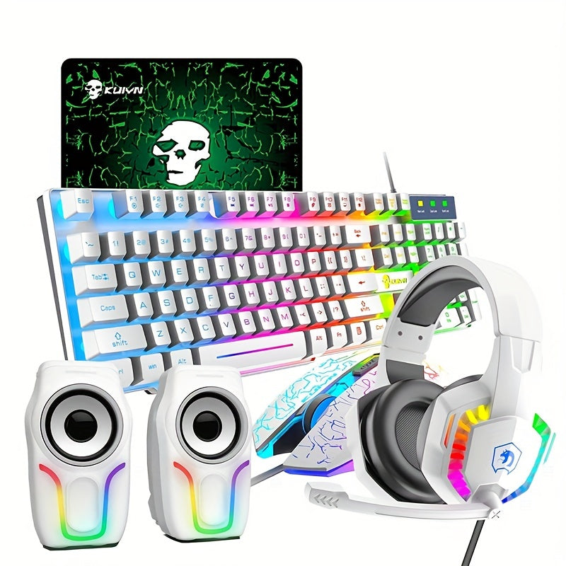 Rainbow LED Illuminated Gaming Keyboard Set - Keyboard & Mouse Combos with 104 Keys, 2400DPI 6-Button Optical Mouse, and 3.5mm Wired Headset with Mic, Plus RGB Computer Speaker for PS4, Xbox, PC, and Laptop