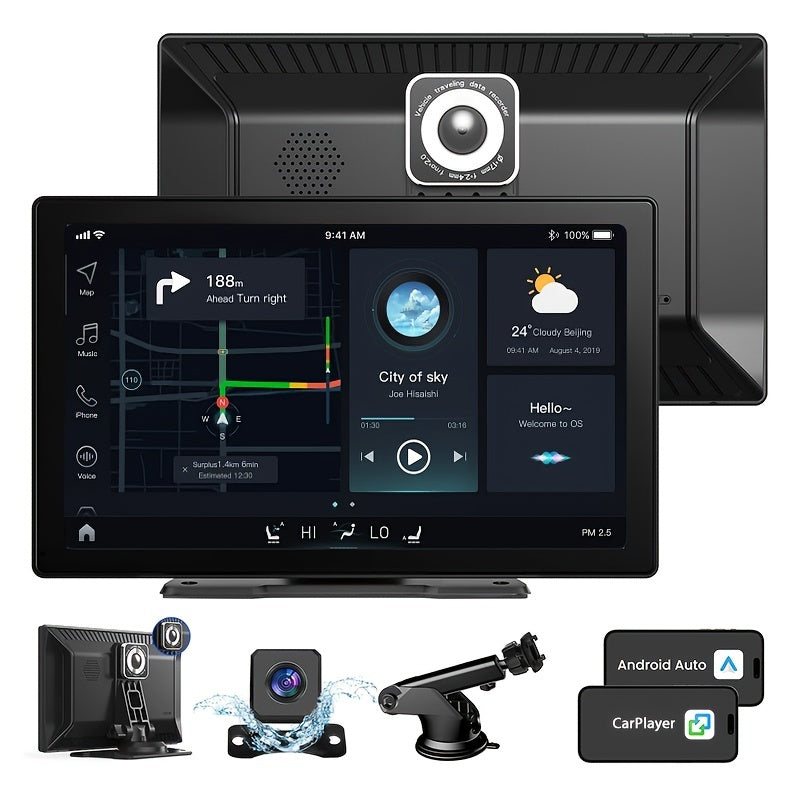 9 Inch Portable Car Stereo, Wireless Car Touch Screen Android Auto With 2.5K Dash Cam, 1080P Backup Camera, Car Audio Receiver With Mirror Link/GPS Navigation/FM