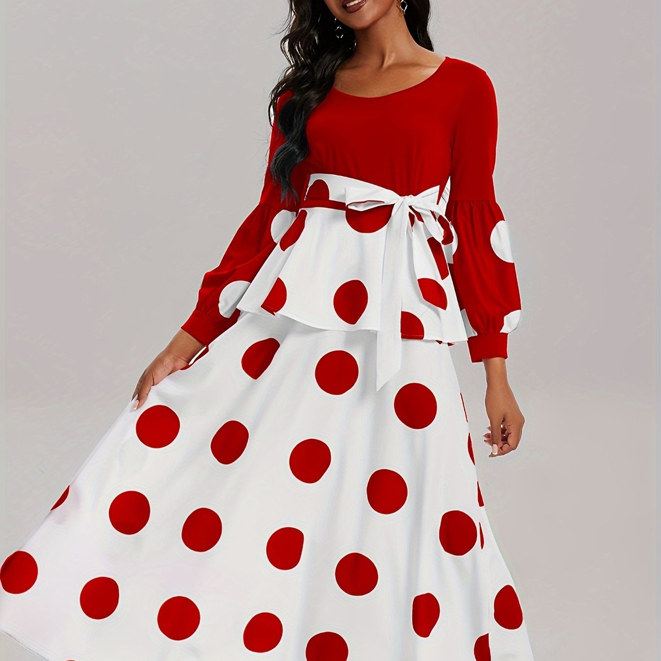 Vibrant Polka Dot V-Neck Long Sleeve Maxi Dress - Elegant High Tie Waist Flared Design, High Elasticity Polyester Fabric, Machine Washable, Random Printing, All-Season Wear, Knit Fabric, Womens Clothing for Adult