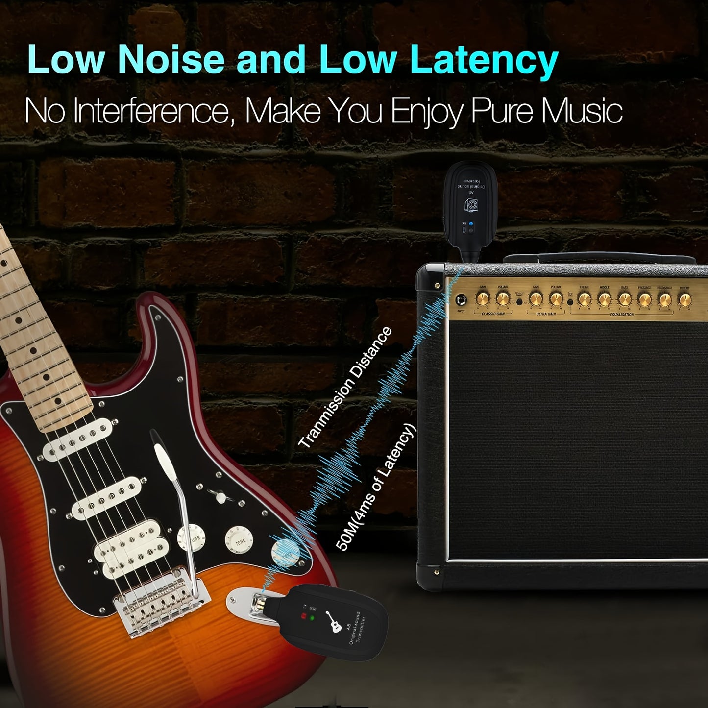 2-Mode A8 Wireless Guitar System with Built-in Rechargeable Lithium Battery, Audio Wireless Transmitter and Receiver for Acoustic Guitar, Bass, Violin, Keyboard, Electric Instruments - Black