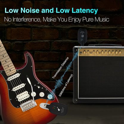 2-Mode A8 Wireless Guitar System with Built-in Rechargeable Lithium Battery, Audio Wireless Transmitter and Receiver for Acoustic Guitar, Bass, Violin, Keyboard, Electric Instruments - Black
