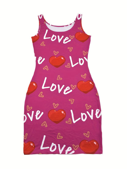 Heart & Letter Printed Tank Dress - Casual Sleeveless U Neck Design - Slim Fit & Flattering - Ideal Summer Womens Clothing