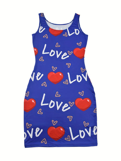 Heart & Letter Printed Tank Dress - Casual Sleeveless U Neck Design - Slim Fit & Flattering - Ideal Summer Womens Clothing