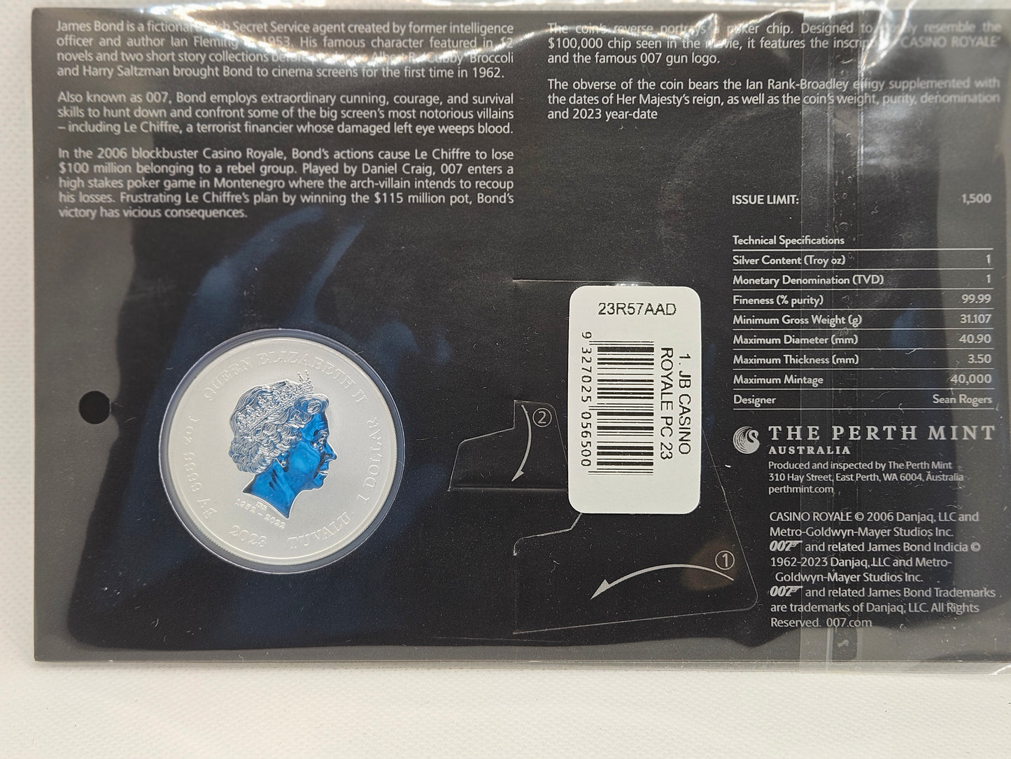 007 Casino Royale Poker Chip 1oz Silver .999 Fine Silver Brilliant Silver Coin Limited Edition Limited Mintage