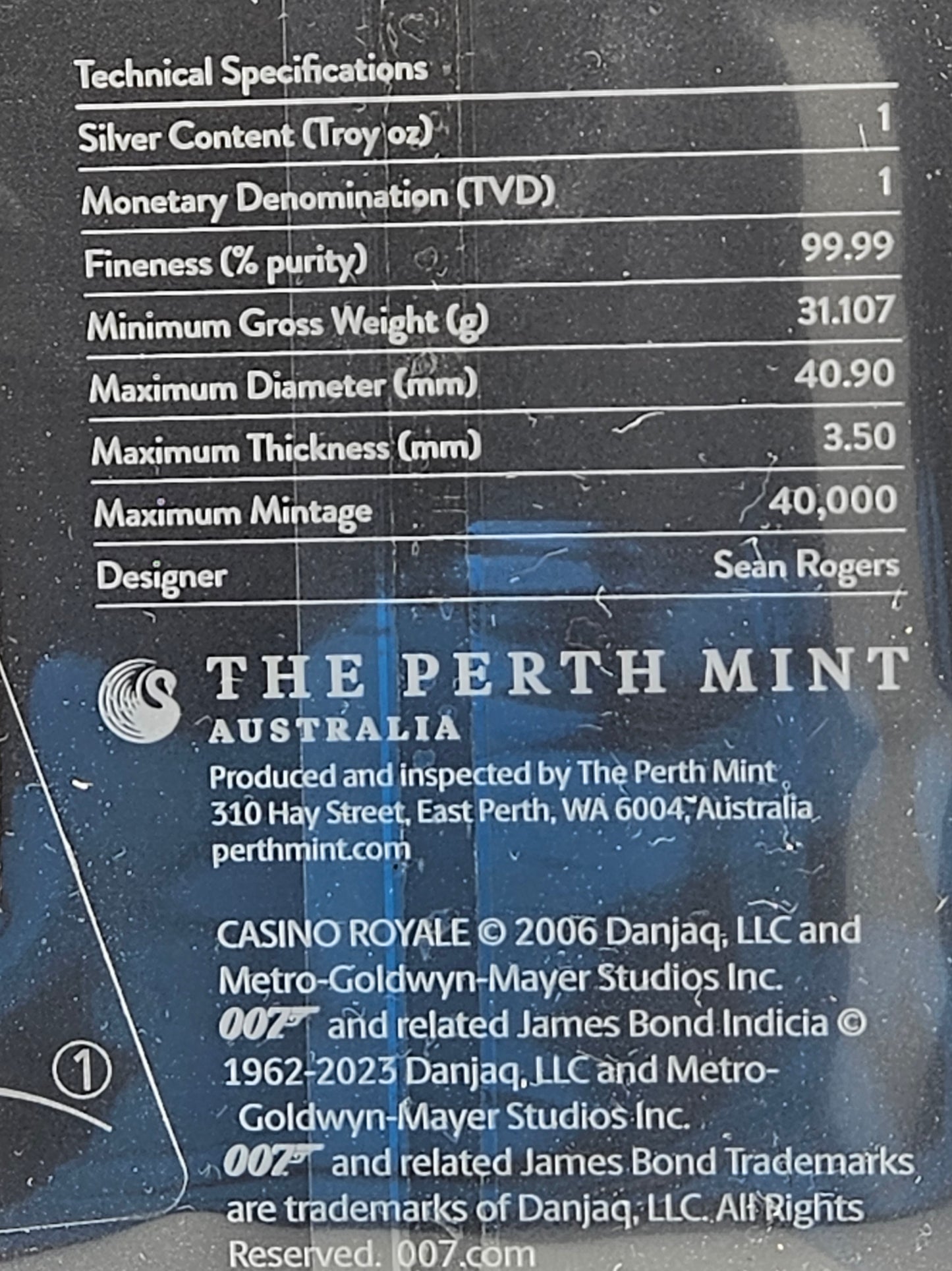 007 Casino Royale Poker Chip 1oz Silver .999 Fine Silver Brilliant Silver Coin Limited Edition Limited Mintage