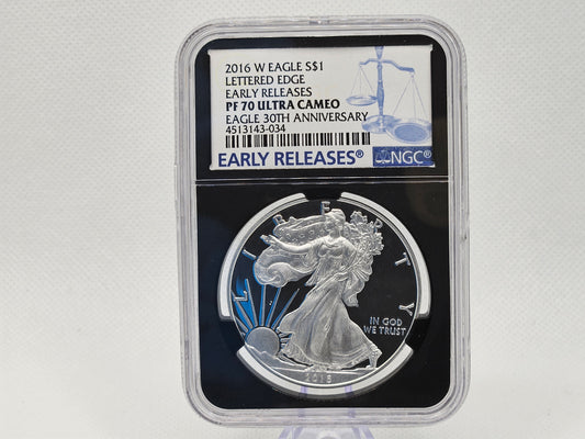2016 W Eagle $1 Coin NGC Early Releases MS70 Ultra Cameo 30th Anniversary Silver Certified Silver Coin