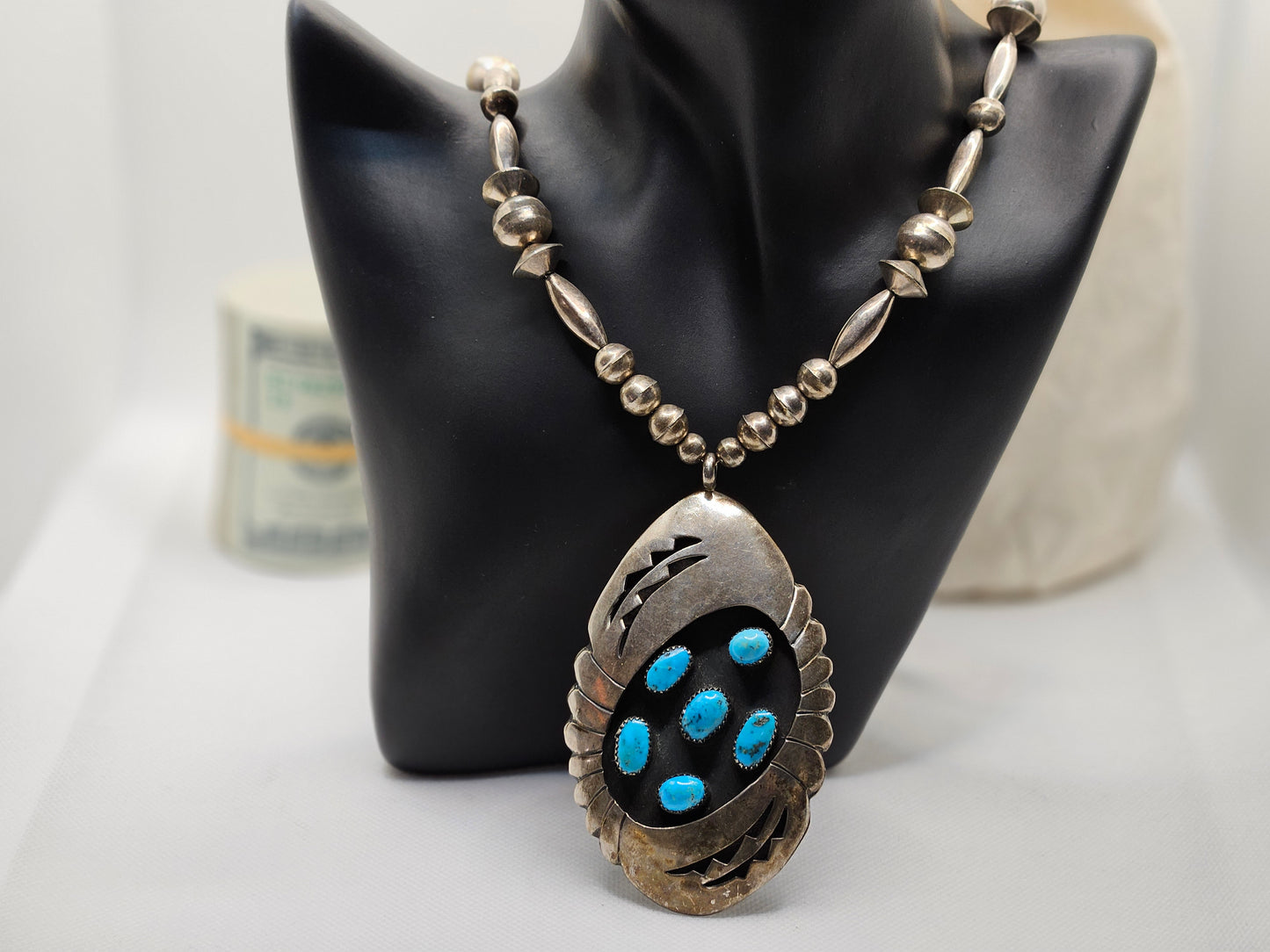 Zuni Tribe Native American Sterling Silver Jewelry with Large Pendant with Turquoise Inlay