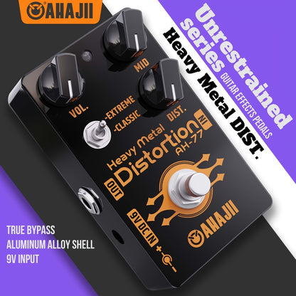 AHAIJI AH-77u High-Gain Distortion Pedal - Heavy Metal Guitar Effects, Black Aluminum Alloy, True Bypass, 3 Control Knobs (Volume, Distortion, Mid), 2-Way Extreme/Classic Selector for Switch, LED Indicator, for High-Quality S