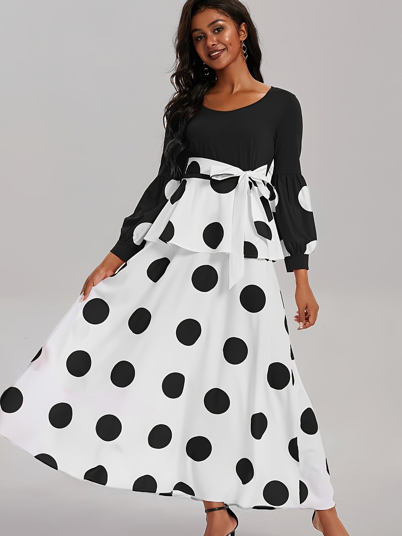 Vibrant Polka Dot V-Neck Long Sleeve Maxi Dress - Elegant High Tie Waist Flared Design, High Elasticity Polyester Fabric, Machine Washable, Random Printing, All-Season Wear, Knit Fabric, Womens Clothing for Adult