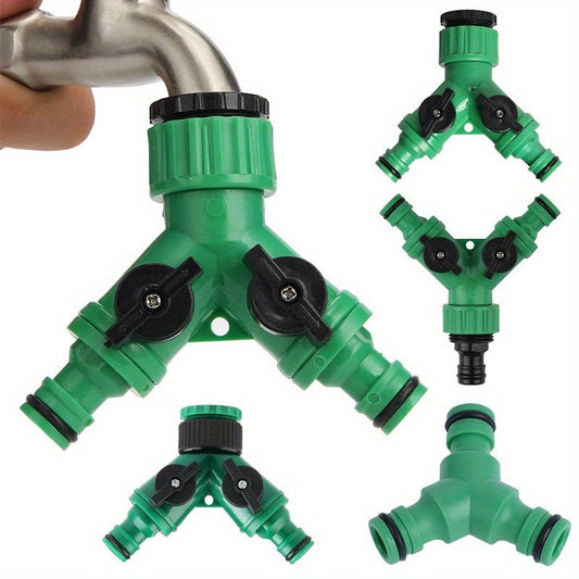 2Pcs 2-Way Plastic Garden Hose Y Connector With On/ Off Valves, 1/ 2" & 3/ 4" Female Thread Tap Adapter, Quick Joint Kit, Water Splitter Accessory, Green