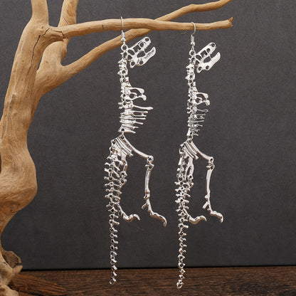 Unique Dinosaur Skeleton Drop Earrings - Vintage-Inspired, Golden Ancient Silver Color, Creative Design, Dangle Earrings for Women, Statement Jewelry, Fashion Accessories