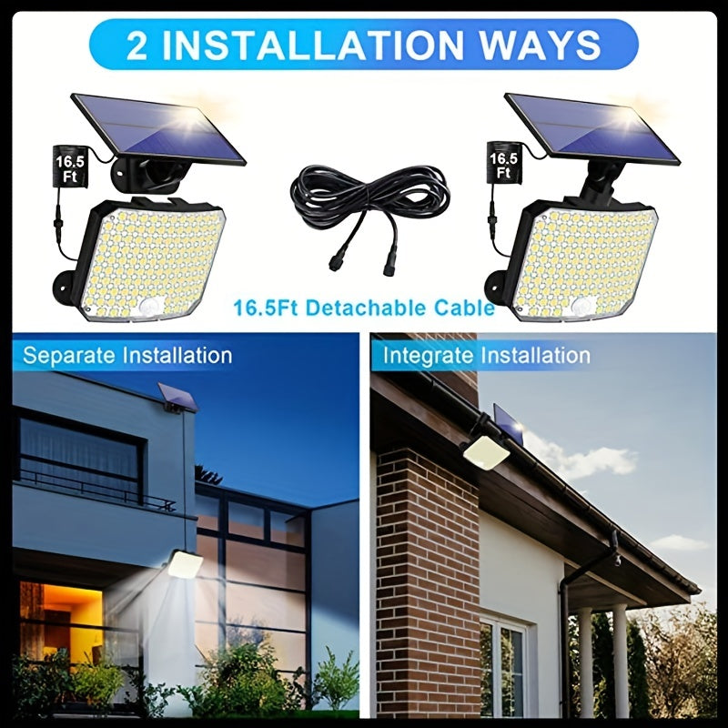 118 LED Solar Motion Sensor Floodlight with Remote Control - Outdoor Security Lighting for Patio, Garage, Porch, Yard - 16.5ft Cable,, 1800mAh Battery, Wall-Mounted Design, Yard Floodlight | Sleek Rectangular Design | LED Arr