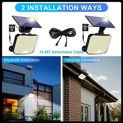 118 LED Solar Motion Sensor Floodlight with Remote Control - Outdoor Security Lighting for Patio, Garage, Porch, Yard - 16.5ft Cable,, 1800mAh Battery, Wall-Mounted Design, Yard Floodlight | Sleek Rectangular Design | LED Arr