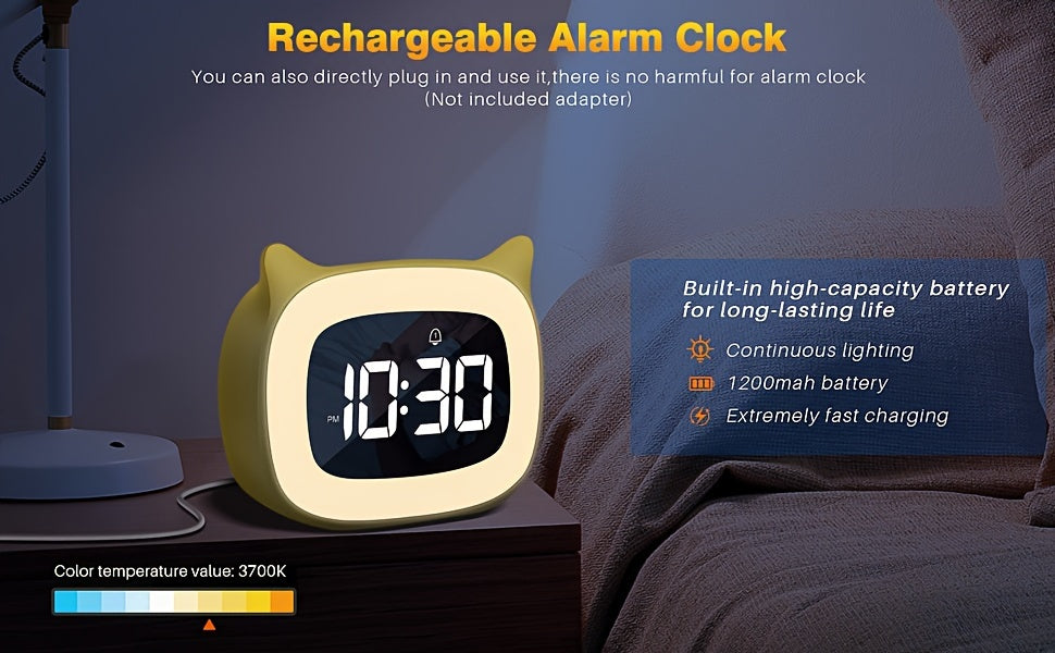1pc Cute Cat Ear Alarm Clock - Rechargeable Digital Clock with Night Light, 18 Ringtones, and Pink Color for Teens' Bedroom