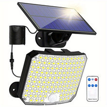 Load image into Gallery viewer, 118 LED Solar Motion Sensor Floodlight with Remote Control - Outdoor Security Lighting for Patio, Garage, Porch, Yard - 16.5ft Cable,, 1800mAh Battery, Wall-Mounted Design, Yard Floodlight | Sleek Rectangular Design | LED Arr
