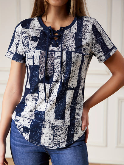 Vibrant Graphic Lace Up V Neck T-shirt - Short Sleeve, Adjustable Closure, Flattering Neckline, Perfect for Casual Summer Wear - Womens Clothing, Graphic Print Design, Ideal for Warm Weather
