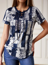 Load image into Gallery viewer, Vibrant Graphic Lace Up V Neck T-shirt - Short Sleeve, Adjustable Closure, Flattering Neckline, Perfect for Casual Summer Wear - Womens Clothing, Graphic Print Design, Ideal for Warm Weather
