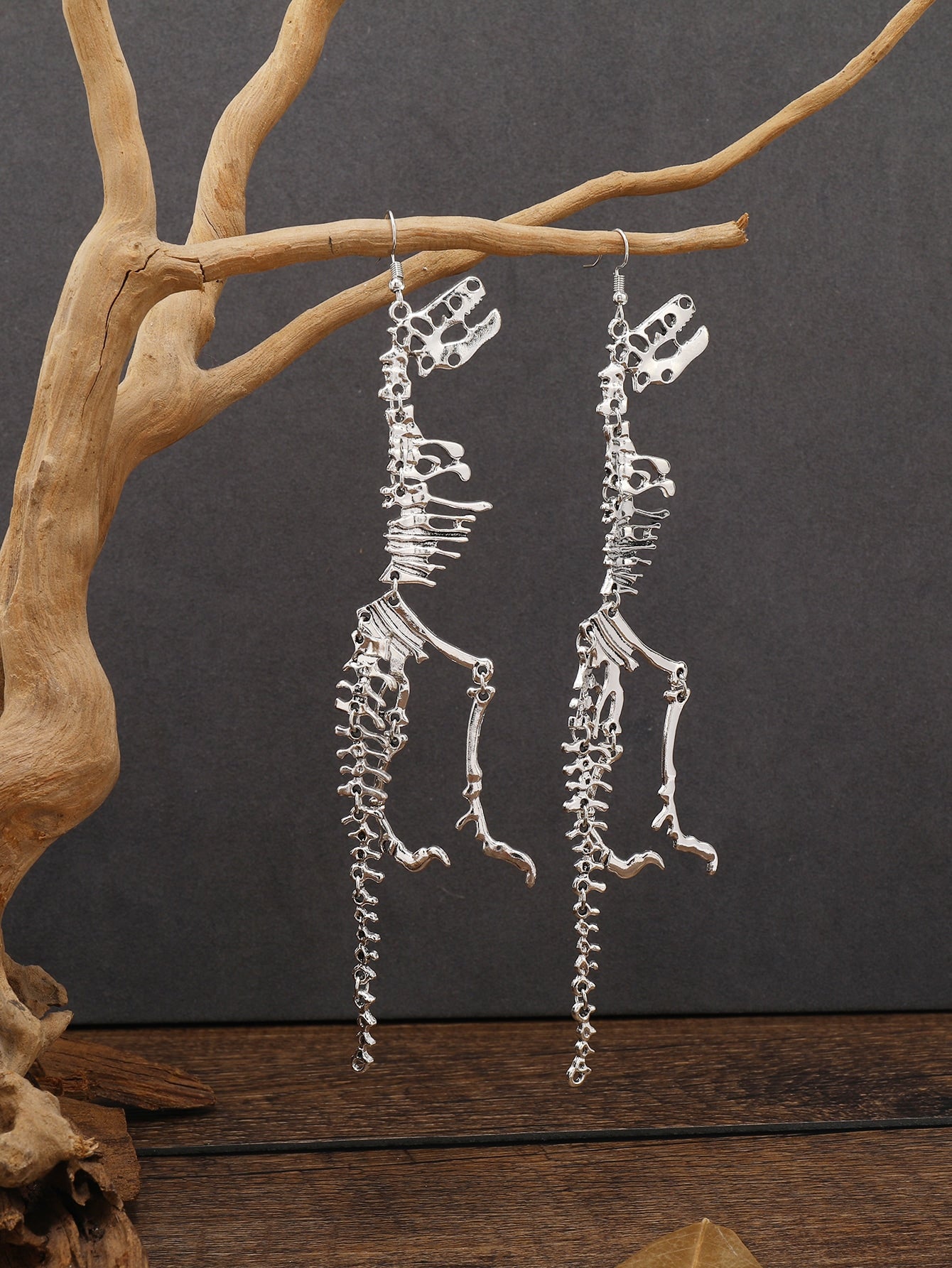 Unique Dinosaur Skeleton Drop Earrings - Vintage-Inspired, Golden Ancient Silver Color, Creative Design, Dangle Earrings for Women, Statement Jewelry, Fashion Accessories