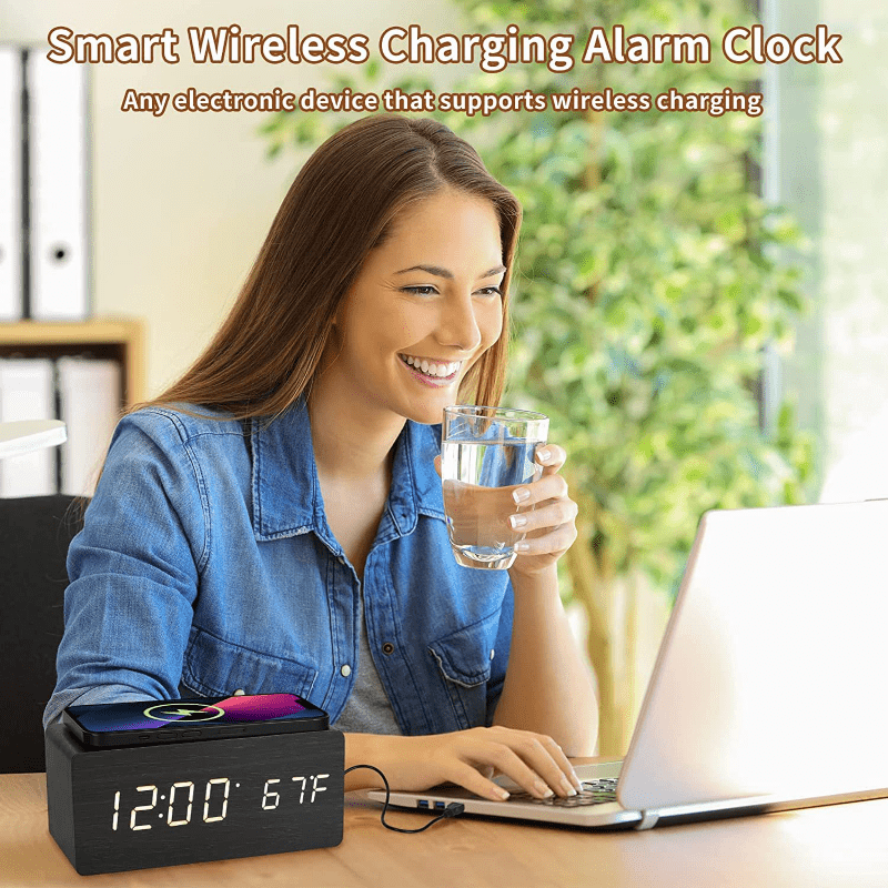 Digital Wooden Alarm Clock With Wireless Charging For Phone, 0-100% Dimmer, Dual Alarm, Weekend Mode, Snooze, Wood LED Clocks For Bedroom, Bedside, Desk