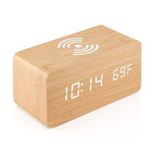Load image into Gallery viewer, Digital Wooden Alarm Clock With Wireless Charging For Phone, 0-100% Dimmer, Dual Alarm, Weekend Mode, Snooze, Wood LED Clocks For Bedroom, Bedside, Desk
